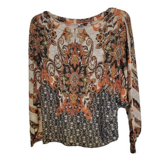 Black Bead Womens Blouse M Orange Brown Paisley Shimmer Long Sleeve Boho